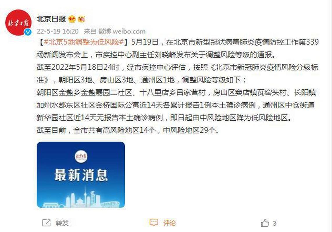 2022年5月北京各地区疫情风险等级调整情况通报